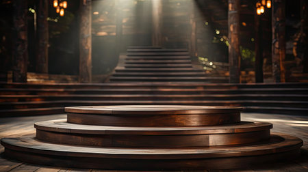 3d wood podium product stand or display with cinematic light and cinematic background, front viewの素材