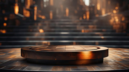 3d wood podium product stand or display with cinematic light and cinematic background, front viewの素材
