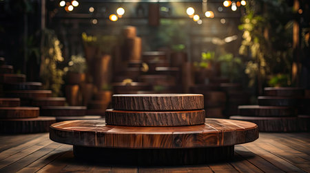 3d wood podium product stand or display with cinematic light and cinematic background, front viewの素材