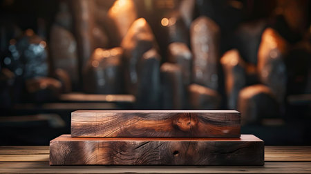 3d wood podium product stand or display with cinematic light and cinematic background, front viewの素材