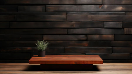 Wood podium product stand or display with cinematic light and cinematic backgroundの素材