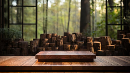 Wood podium product stand or display with cinematic light and cinematic backgroundの素材