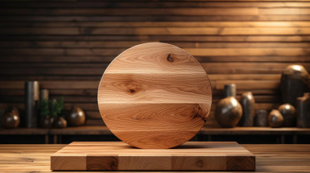 Wood podium product stand or display with cinematic light and cinematic backgroundの素材