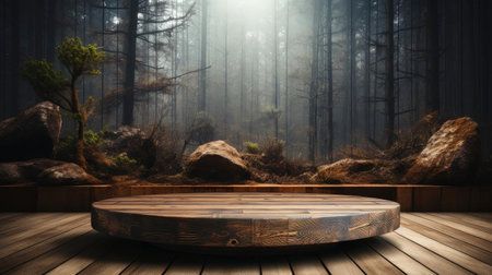 Wood podium product stand or display with cinematic light and cinematic backgroundの素材