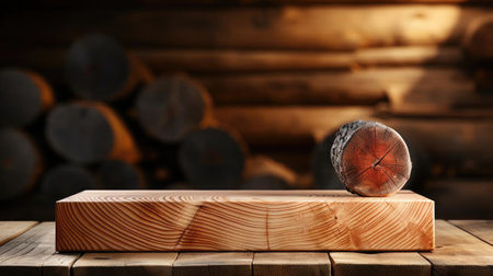 Wood podium product stand or display with cinematic light and cinematic backgroundの素材