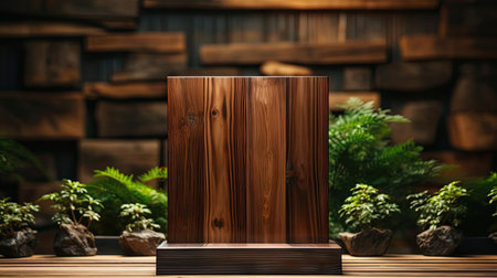 Wood podium product stand or display with cinematic light and cinematic backgroundの素材