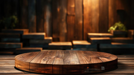 Wood podium product stand or display with cinematic light and cinematic backgroundの素材