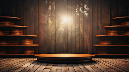 Wood podium product stand or display with cinematic light and cinematic backgroundの素材
