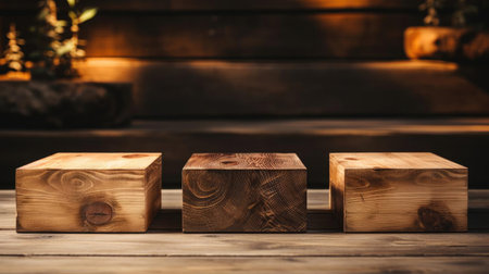 Wood podium product stand or display with cinematic light and cinematic backgroundの素材