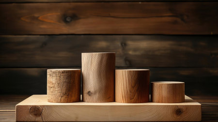 Wood podium product stand or display with cinematic light and cinematic backgroundの素材