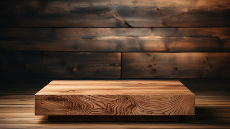 Wood podium product stand or display with cinematic light and cinematic backgroundの素材