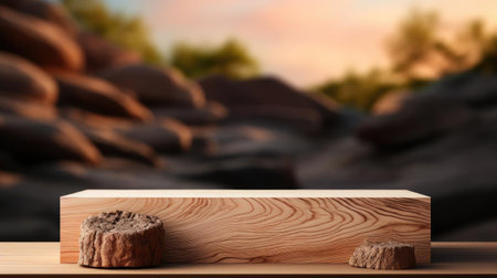 Wood podium product stand or display with cinematic light and cinematic backgroundの素材