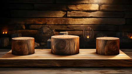 Wood podium product stand or display with cinematic light and cinematic backgroundの素材