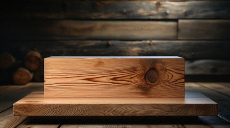 Wood podium product stand or display with cinematic light and cinematic backgroundの素材