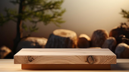 Wood podium product stand or display with cinematic light and cinematic backgroundの素材