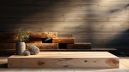 Wood podium product stand or display with cinematic light and cinematic backgroundの素材