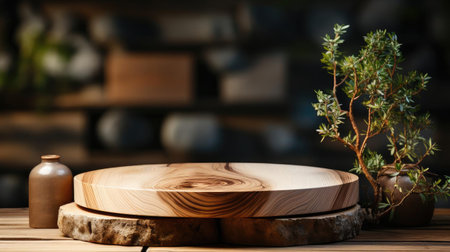 Wood podium product stand or display with cinematic light and cinematic backgroundの素材