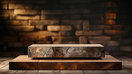 Wood podium product stand or display with cinematic light and cinematic backgroundの素材