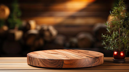 Wood podium product stand or display with cinematic light and cinematic backgroundの素材
