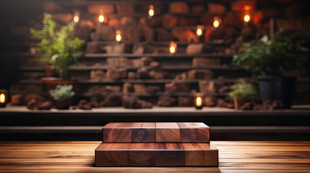 Wood podium product stand or display with cinematic light and cinematic backgroundの素材