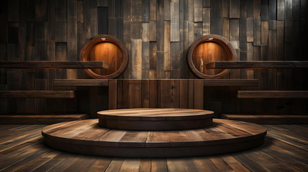 Wood podium product stand or display with cinematic light and cinematic backgroundの素材