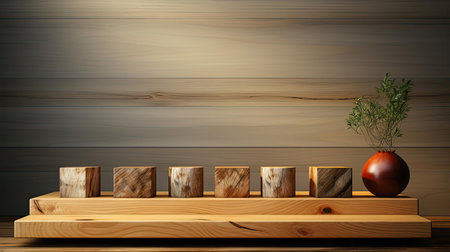 Wood podium product stand or display with cinematic light and cinematic backgroundの素材