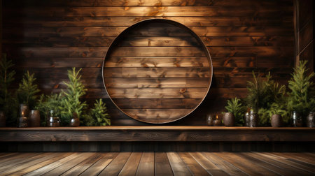 Wood podium product stand or display with cinematic light and cinematic backgroundの素材