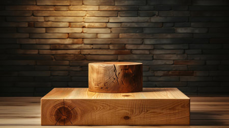 Wood podium product stand or display with cinematic light and cinematic backgroundの素材