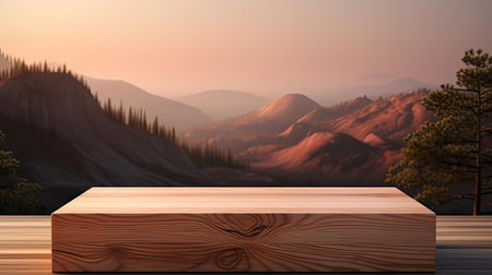 Wood podium product stand or display with cinematic light and cinematic backgroundの素材