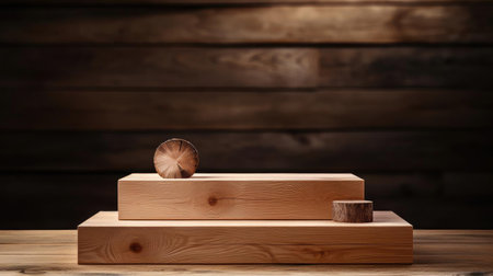 Wood podium product stand or display with cinematic light and cinematic backgroundの素材