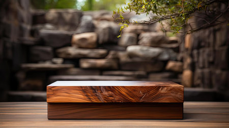 Wood podium product stand or display with cinematic light and cinematic backgroundの素材