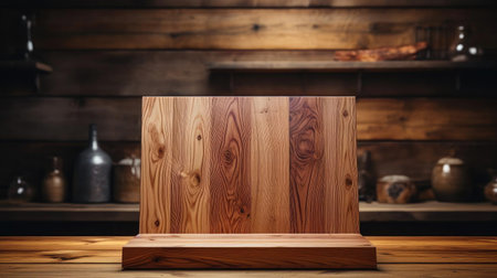 Wood podium product stand or display with cinematic light and cinematic backgroundの素材