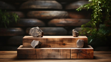 Wood podium product stand or display with cinematic light and cinematic backgroundの素材