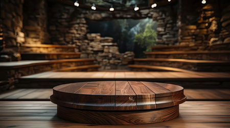 Wood podium product stand or display with cinematic light and cinematic backgroundの素材