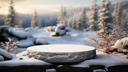 podium product stand or display with rock, snow, sky background and cinematic lightの素材