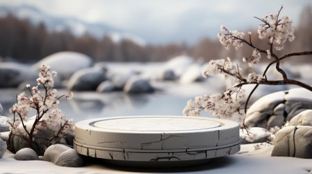 podium product stand or display with rock, snow, sky background and cinematic lightの素材