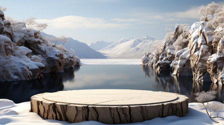 podium product stand or display with rock, snow, sky background and cinematic lightの素材