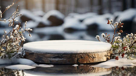 podium product stand or display with rock, snow, sky background and cinematic lightの素材