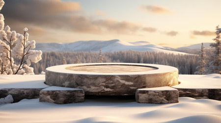 podium product stand or display with rock, snow, sky background and cinematic lightの素材
