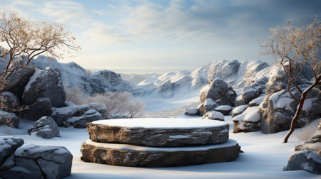 podium product stand or display with rock, snow, sky background and cinematic lightの素材