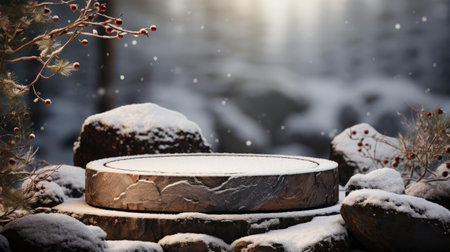 podium product stand or display with rock, snow, sky background and cinematic lightの素材