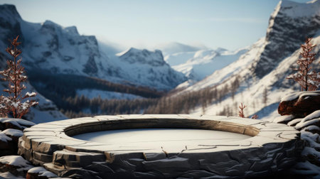 podium product stand or display with rock, snow, sky background and cinematic lightの素材