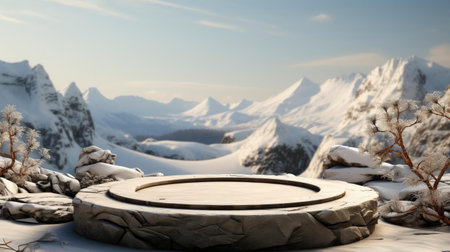 podium product stand or display with rock, snow, sky background and cinematic lightの素材