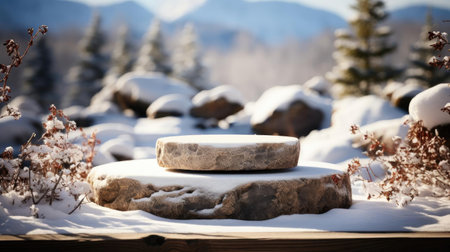 podium product stand or display with rock, snow, sky background and cinematic lightの素材