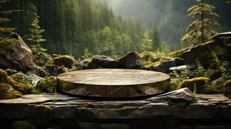 podium product stand or display with leaf, rock, forest background and cinematic lightの素材