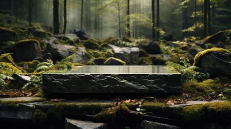 podium product stand or display with leaf, rock, forest background and cinematic lightの素材