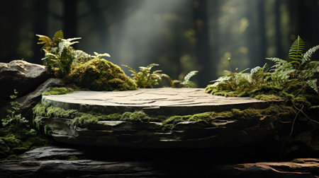 podium product stand or display with leaf, rock, forest background and cinematic lightの素材