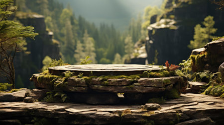 podium product stand or display with leaf, rock, forest background and cinematic lightの素材
