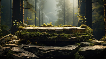 podium product stand or display with leaf, rock, forest background and cinematic lightの素材