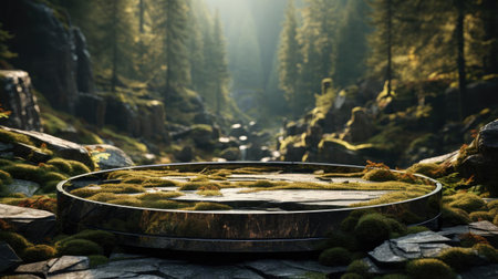 podium product stand or display with leaf, rock, forest background and cinematic lightの素材